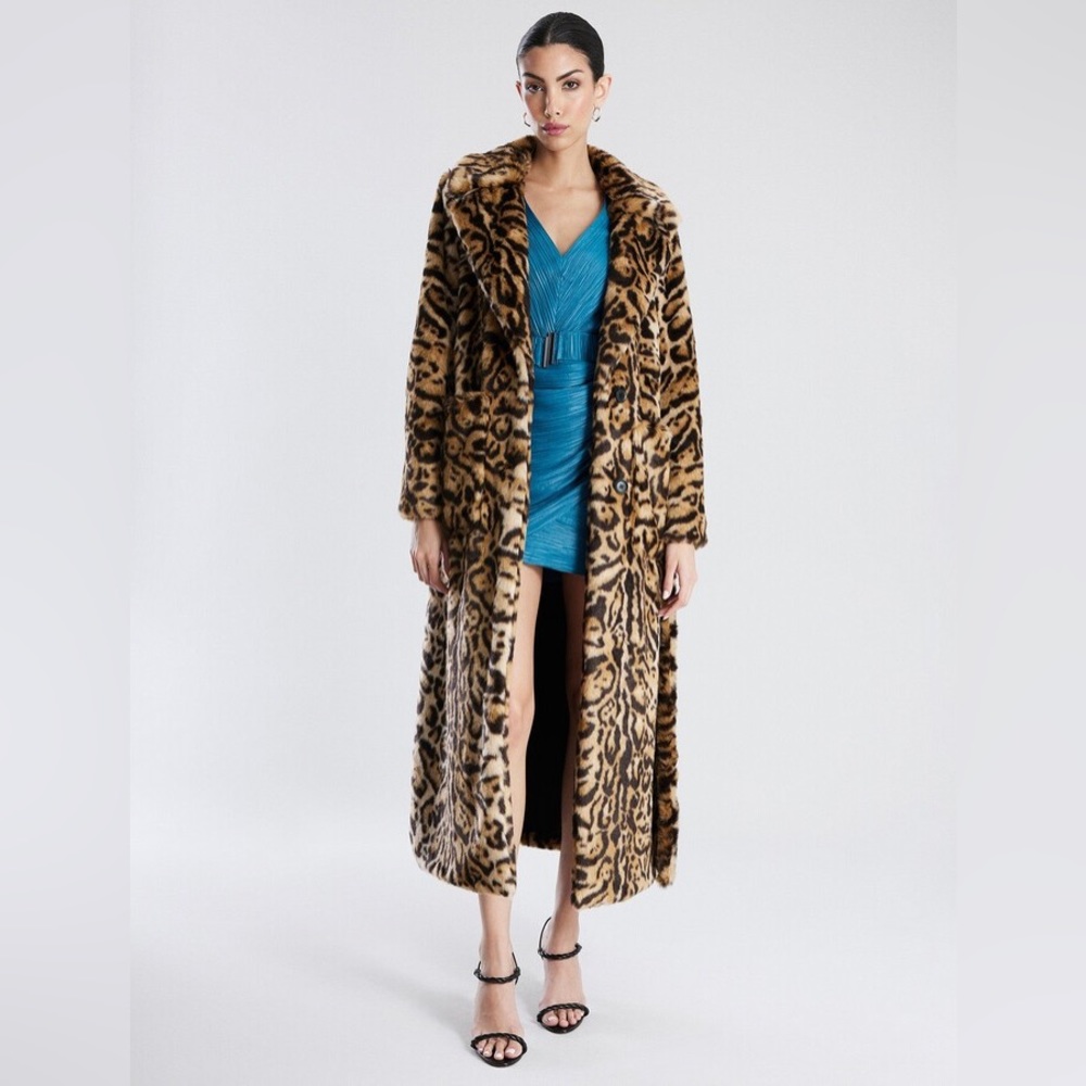 NWT BCBG long Faux fur leopard coat